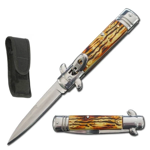 7.5" Stag Leverlock Automatic Knife Satin Bayo 2 7.5" Stag Leverlock Automatic Knife Satin Bayo