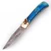 Damascus Automatic Lever Lock Knife Blue Bone -Direct Knife Sales Damascus Automatic Leverlock Knife Blue Bone.600