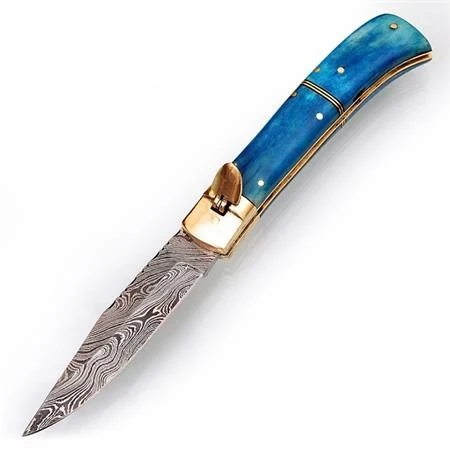 Damascus Automatic Lever Lock Knife Blue Bone 3 Damascus Automatic Lever Lock Knife Blue Bone