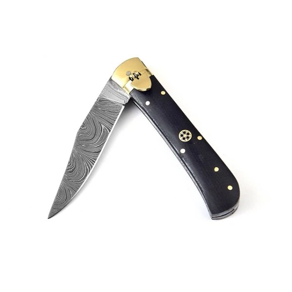 Damascus Micarta Leverlock Automatic Knife Drop Point 4 Damascus Micarta Leverlock Automatic Knife Drop Point - Image 2