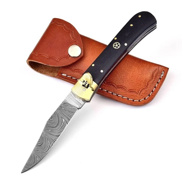 Damascus Micarta Leverlock Automatic Knife Drop Point 3 Damascus Micarta Leverlock Automatic Knife Drop Point