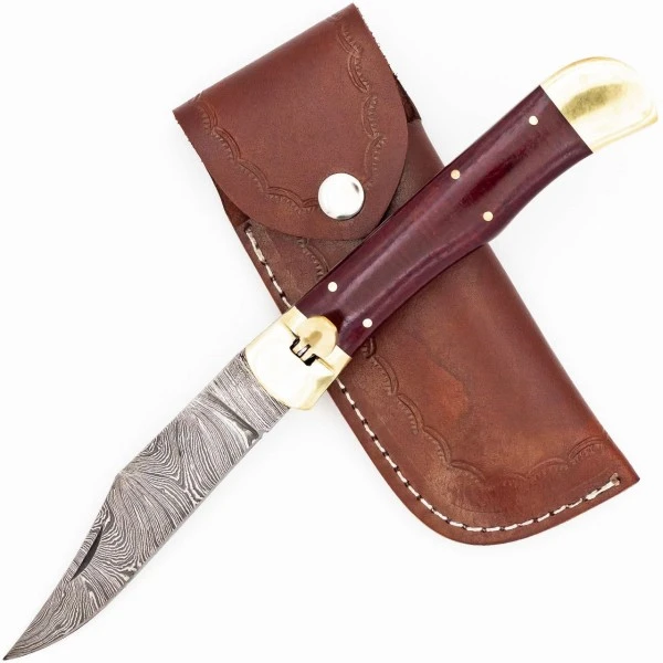Damascus Red Wood Lever Lock Automatic Knife File Work 3 Damascus Red Wood Lever Lock Automatic Knife File Work