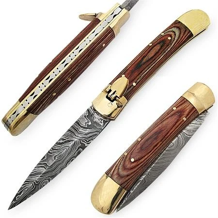 Lever Lock Rosewood Damascus Automatic Knife Brass 3 Lever Lock Rosewood Damascus Automatic Knife Brass